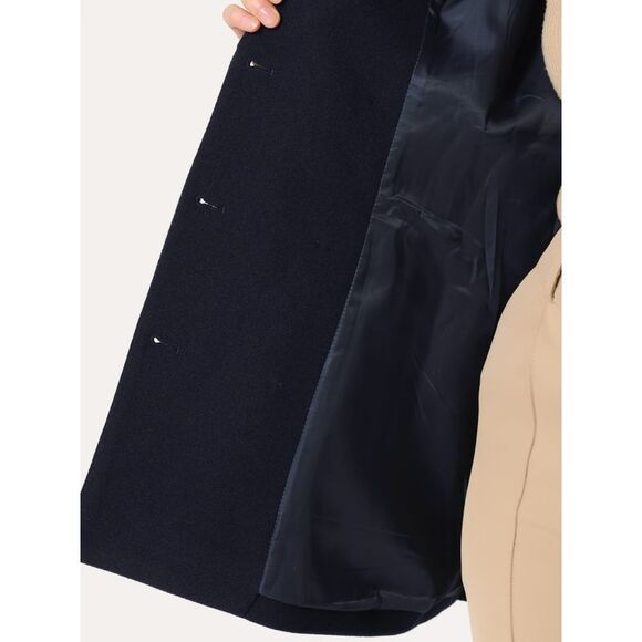 Double Breasted Short Pea Coat Tie Waist Winter Lapel Overcoat Belt Dark Blue - Picture 5 of 5